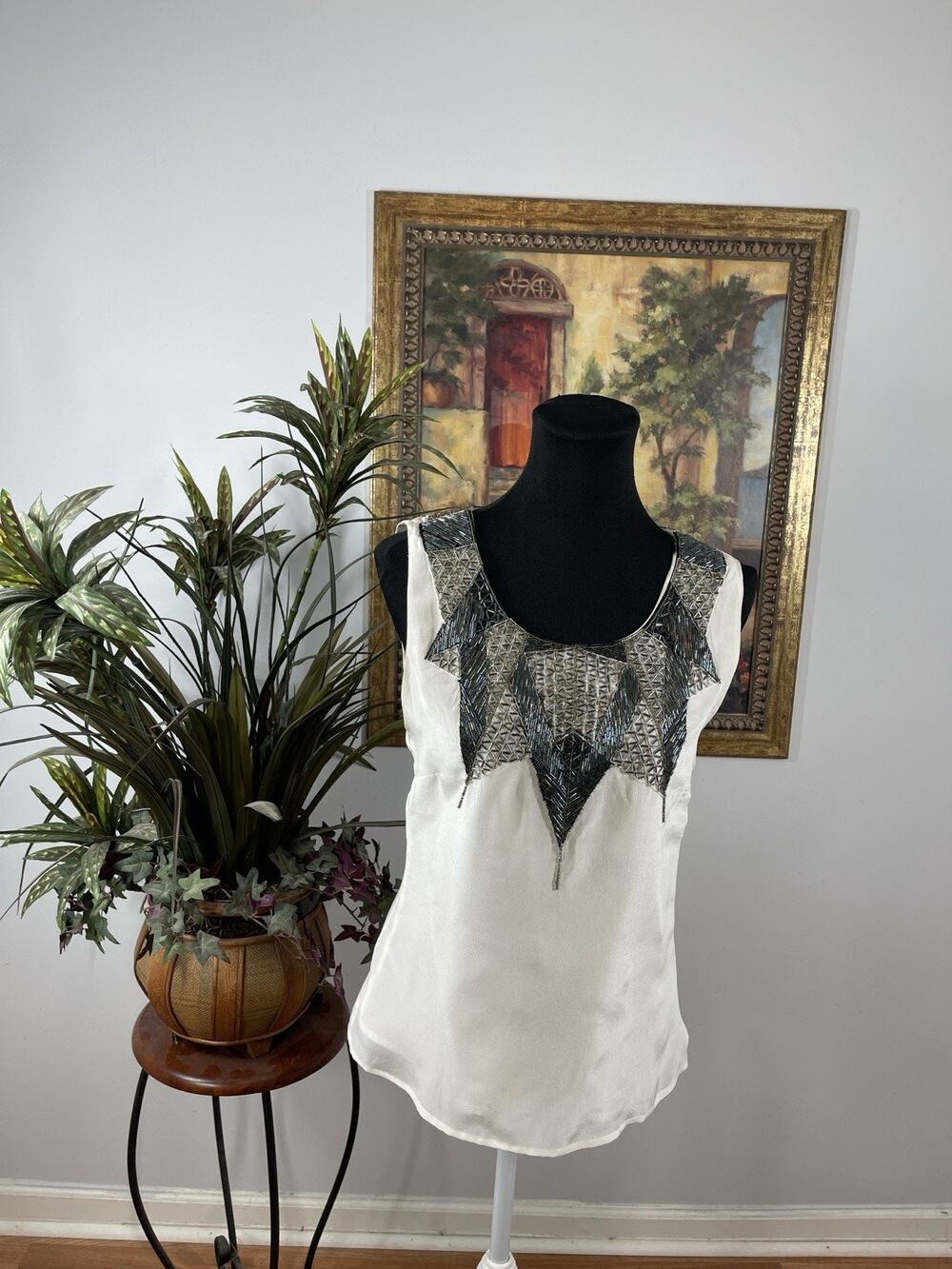 Gryphon New York Ivory‎ Beaded Sleeveless Silk Blend Top Large Embellished